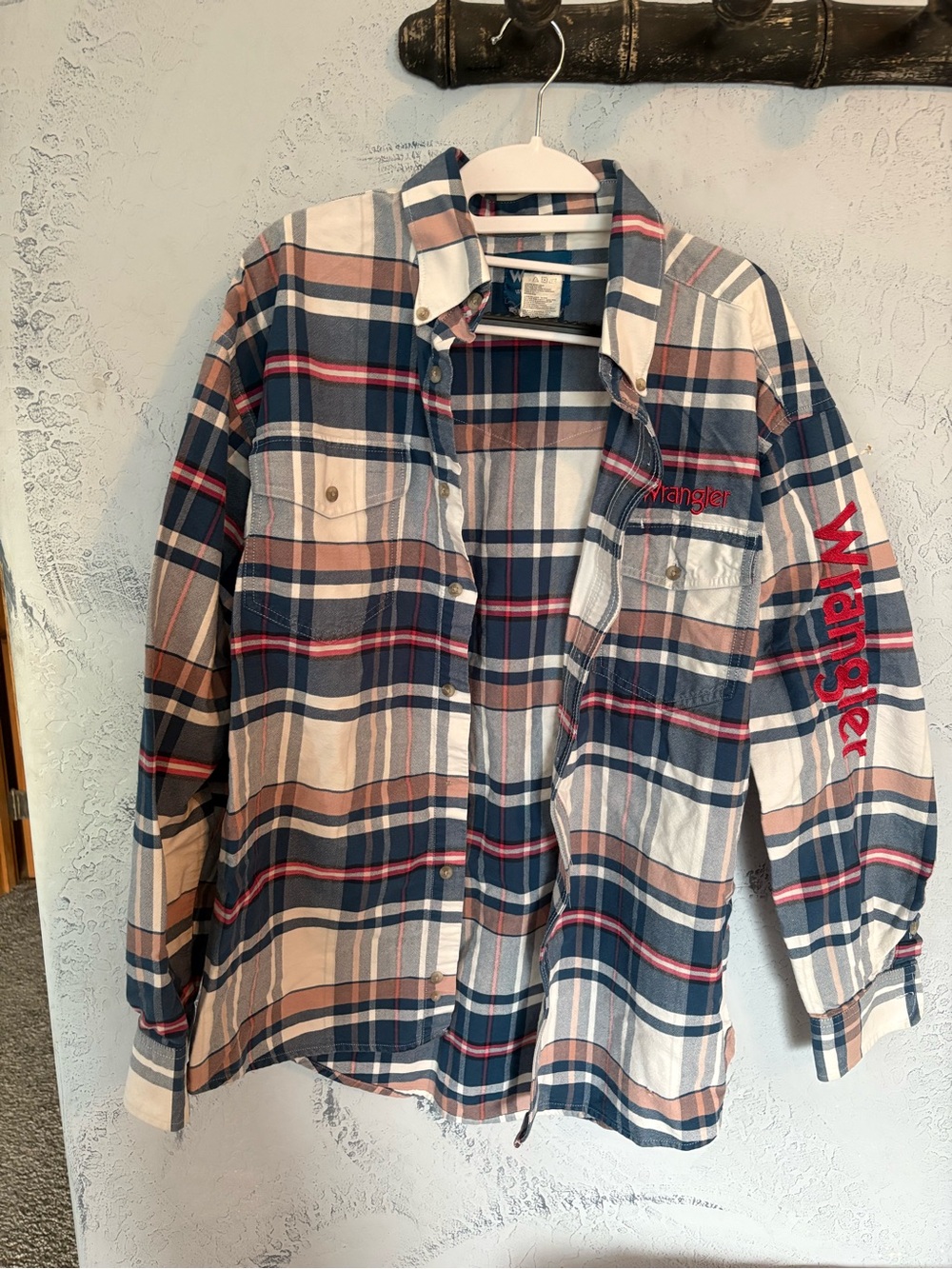 Wrangler Plaid Button-Down Shirt in Navy, Cream & Red